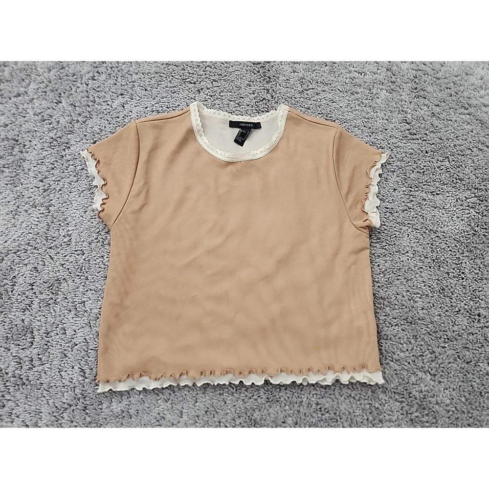 Forever 21 Mesh Top Womens L Tan Lace Trim Lettuce Edge Short Sleeve
